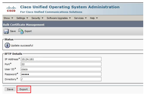 SFTPサーバの詳細を入力し、Exportをクリックします。