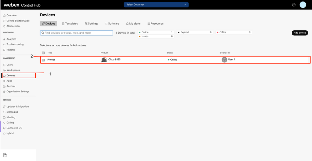 Webex Control Hub - Devices - Phones