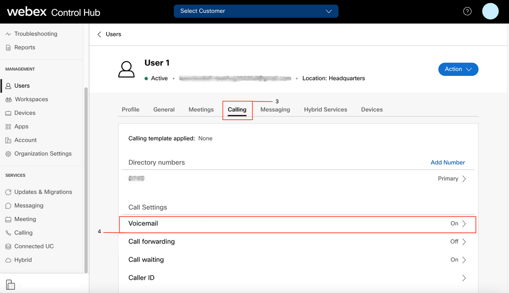 Webex Control Hub - User 1 - Voicemail