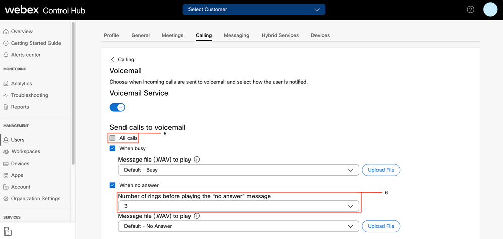 Webex Control Hub - User 1 - Send Calls to Voicemail