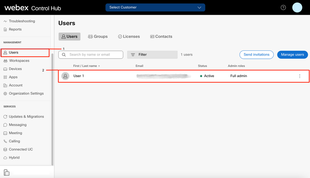 Webex Control Hub - Users - User 1