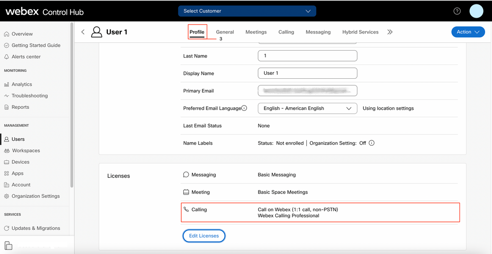 Webex Control Hub - User 1 Calling