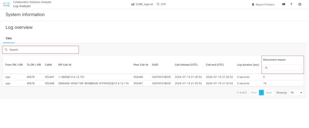 Log Analyzer Call Filter