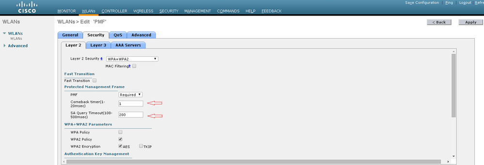 Paramètres PMF sur le SSID