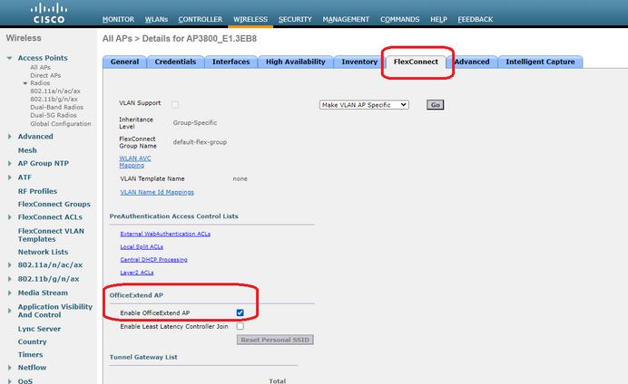 Configure AP as an OEAP - Select Enable OfficeExtend AP mode