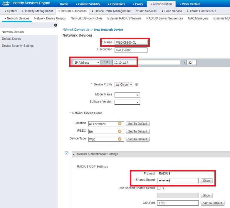 Configuration avec l'adresse IP de gestion WLC et le secret partagé Radius entre WLC et ISE