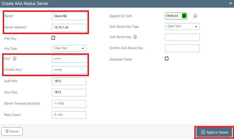 Enter the RADIUS server information