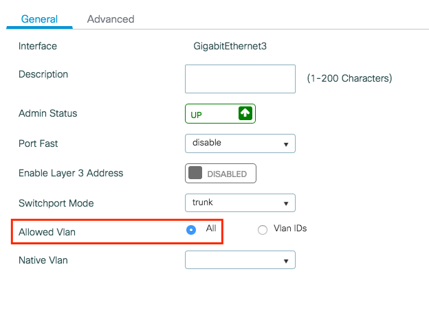 すべてのVLAN IDを使用する場合の、インターフェイス設定に関連する設定