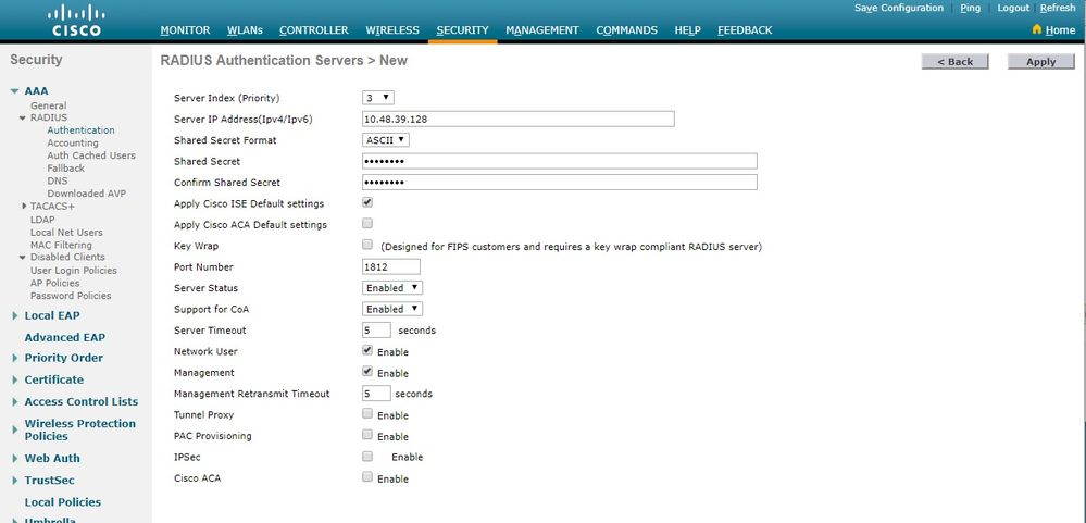 Nouveau serveur RADIUS sur le WLC