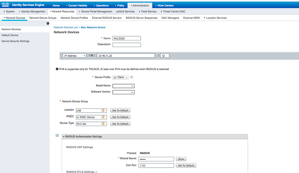 Add WLC as Network Device