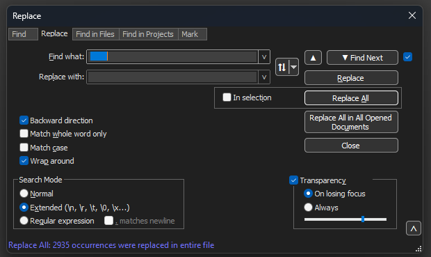 Cuadro de diálogo Reemplazar de Notepad++ con el campo Buscar con 8 espacios.