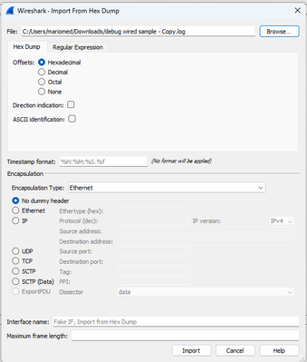 Cuadro de diálogo Importar Wireshark