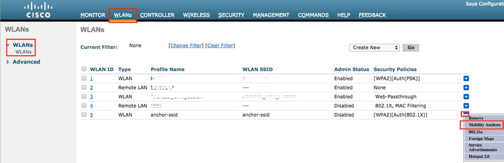 Configuración WLAN de AireOS para anclaje