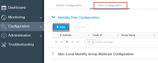 Página de configuración de peer de movilidad en 9800