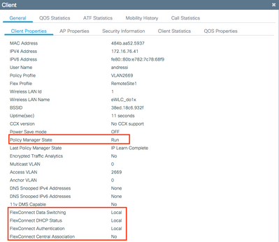 Confirm the Policy Manager State and the FlexConnect Parameters