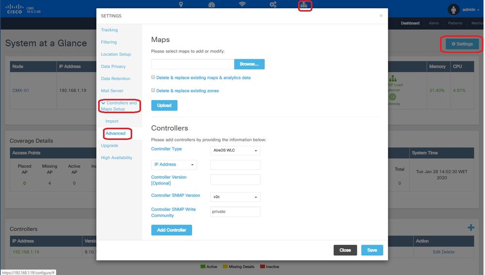 menú de configuración de CMX