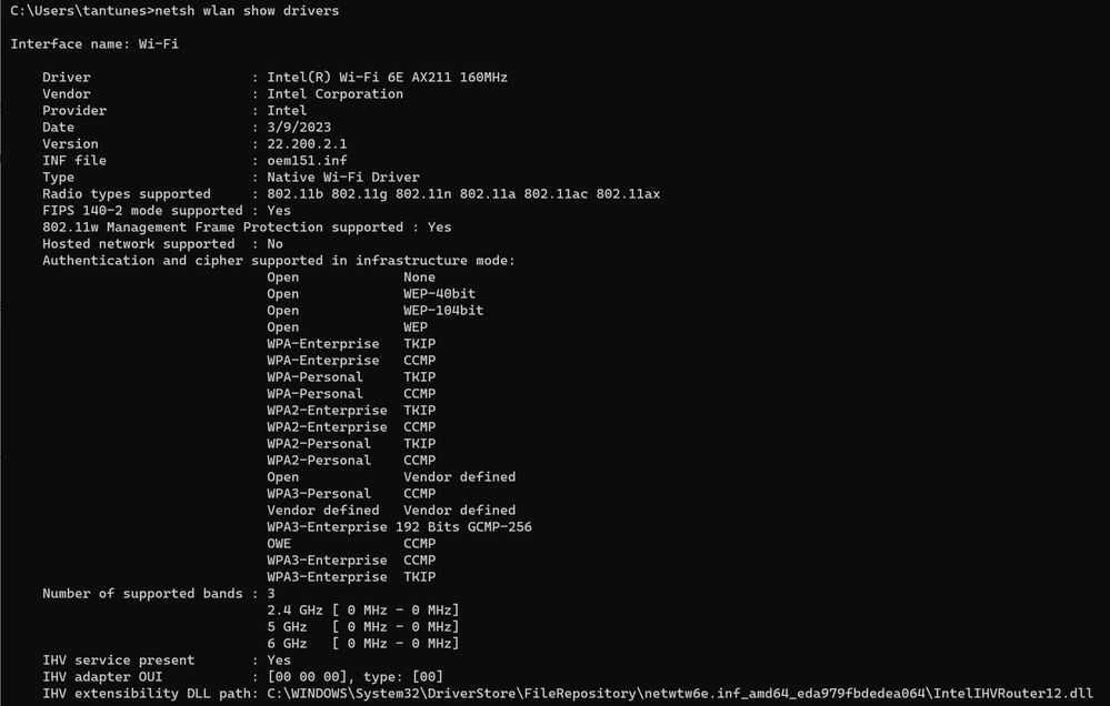 Windows output of _netsh wlan show driver_ for client AX211