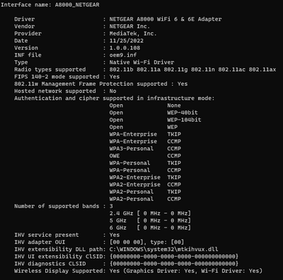 Windows output of _netsh wlan show driver_ for client Netgear A8000s