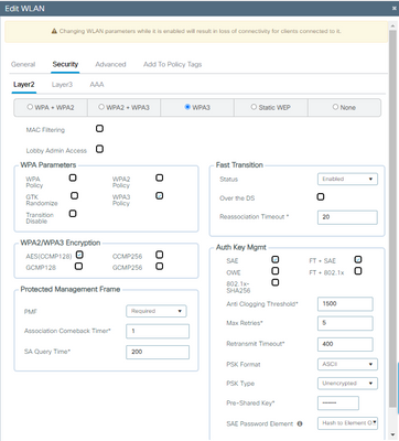 WPA3 SAE + FT Security configuration