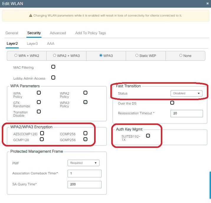 WPA3 Enterprise GCMP256 SUITEB192-1x Security configuration