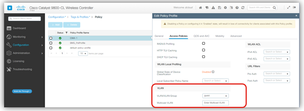 VLAN in the policy profile