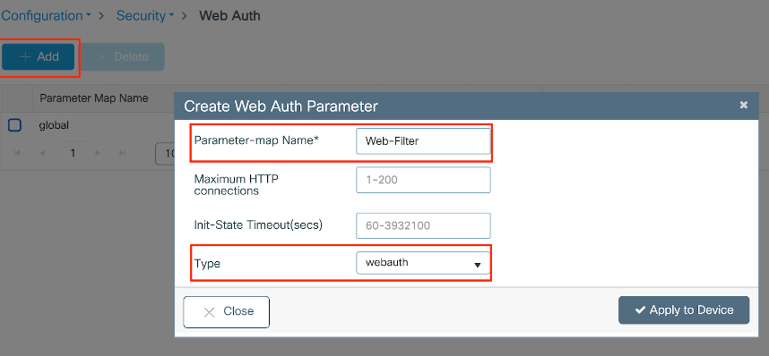 Web認証パラメータプロファイル