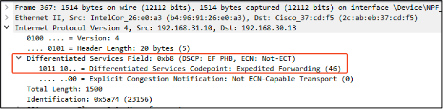 Paquete de envío de PC por cable con etiqueta DSCP 46