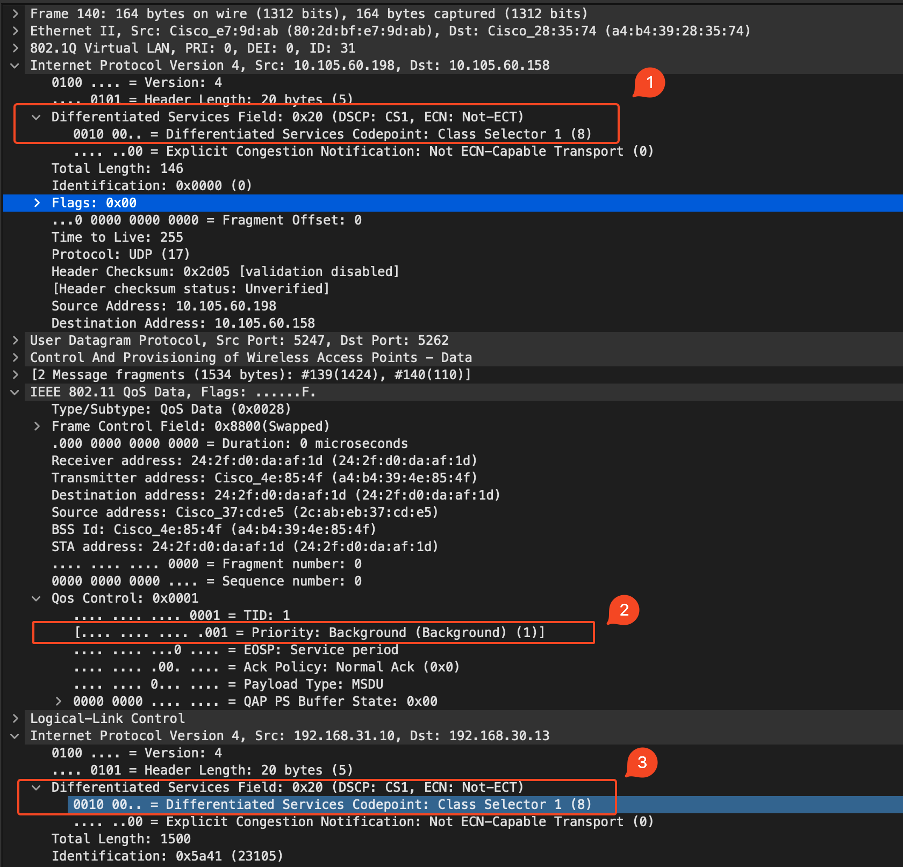 CAPWAPトラフィックのCS1タグを示すWLC EPC