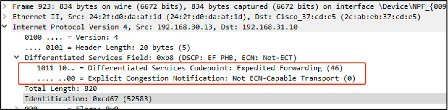 DSCP 46を示すワイヤレスPCキャプチャ