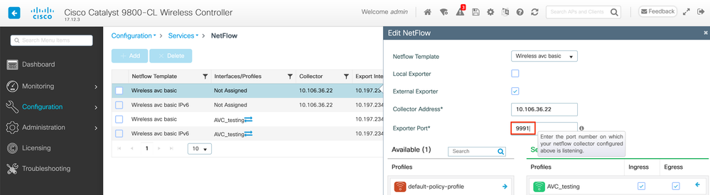 NetFlow設定でのエクスポータポート番号の変更