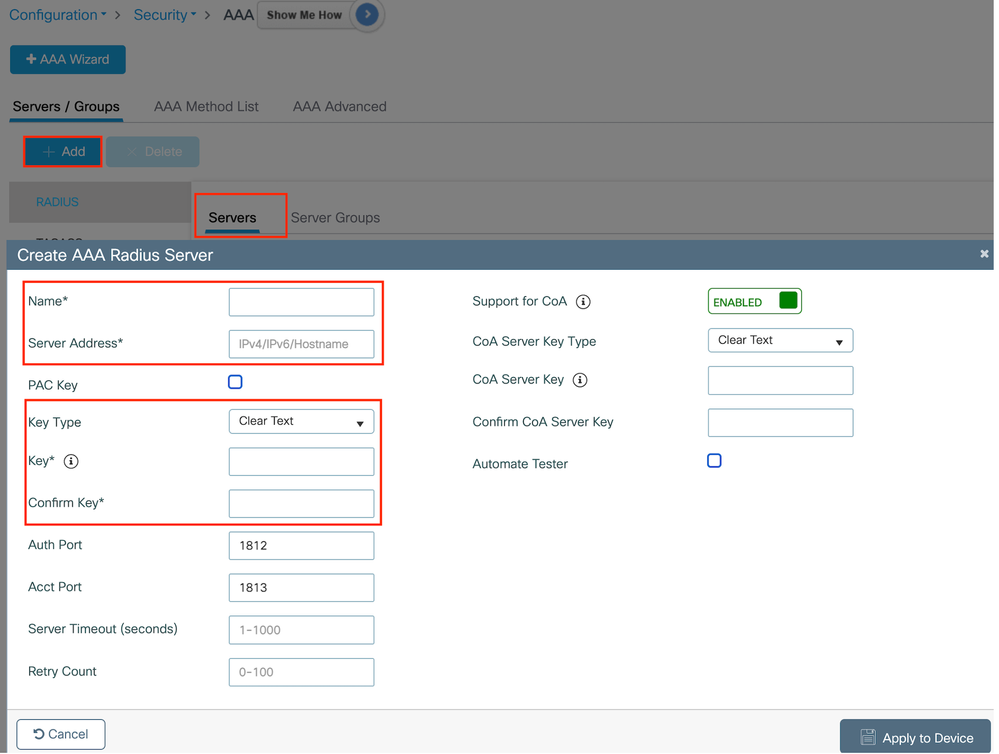 Configuración del servidor de RADIUS