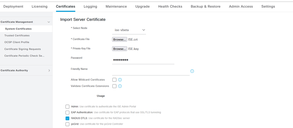 ISE Device Certificate Import Menu