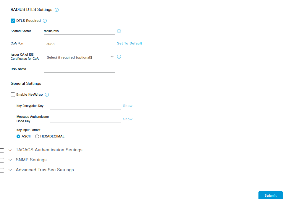 Radius DTLS Settings for the Network Device on ISE