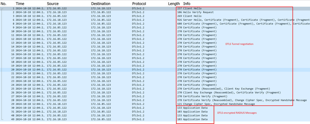 Packet Capture of a RADIUS DTLS Tunnel Negotiation and Encrypted Messages