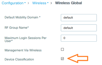 9800 GUI: Configuration : Wireless  : Wireless Global : Device Classification