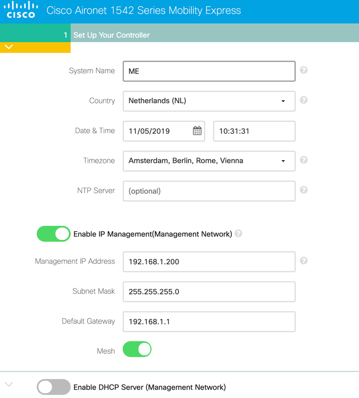 Mobility Express Initial Wizard Page 1