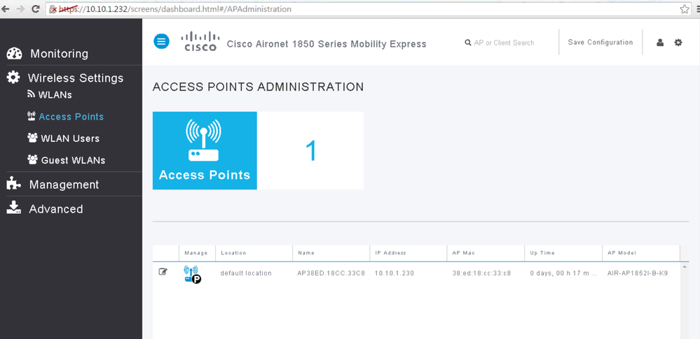 Convert a CAPWAP 1852 AP to Mobility Express - Mobility Express Management IP Address is Assigned