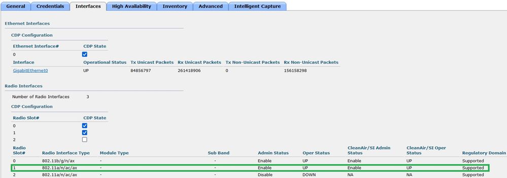 AP Admin(AP 관리) 상태가 up(가동)이고 Regulatory domain is Supported(규제 도메인이 지원됨)인지 확인합니다.