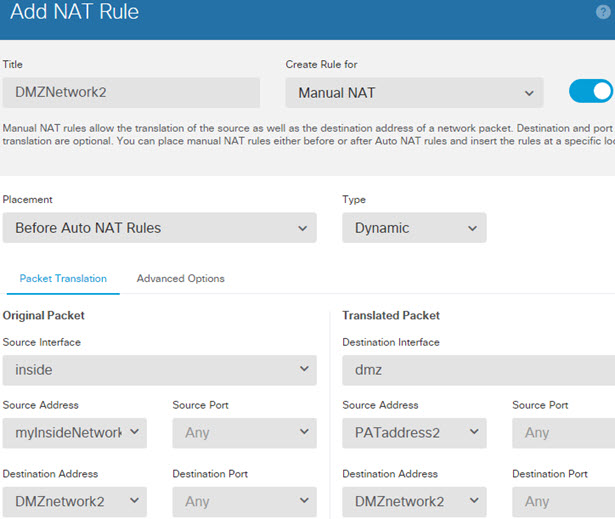 DMZnetwork2 NAT ルール。