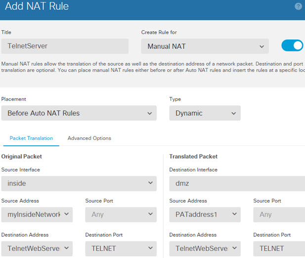 TelnetServer NAT ルール。