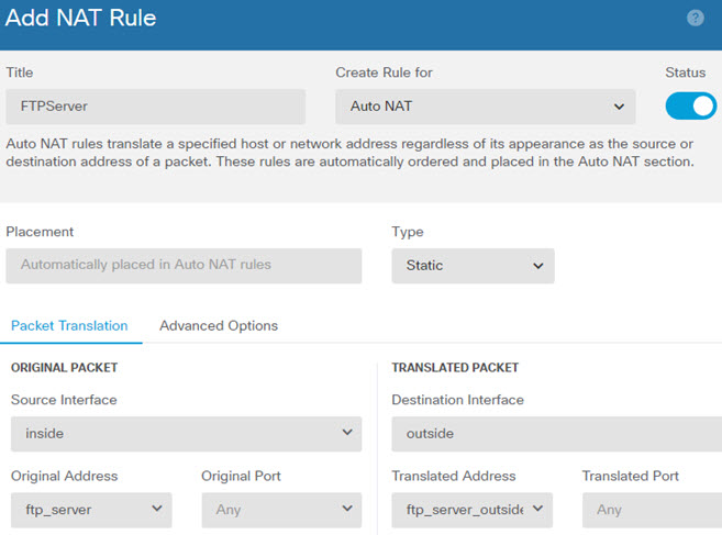 FTPServer の自動 NAT ルール。