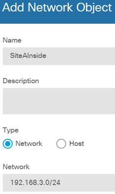 SiteAInside ネットワーク オブジェクト。