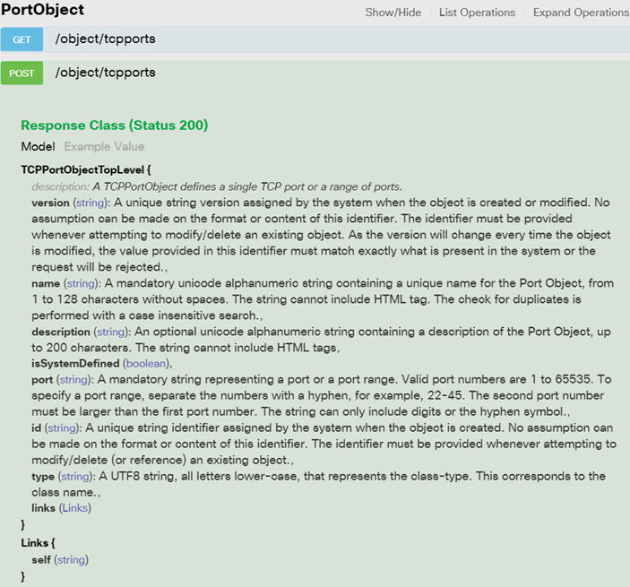 POST object/tcpports documentation in API Explorer.