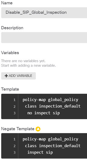 SIP 検査をグローバルに無効にするための FlexConfig オブジェクト。