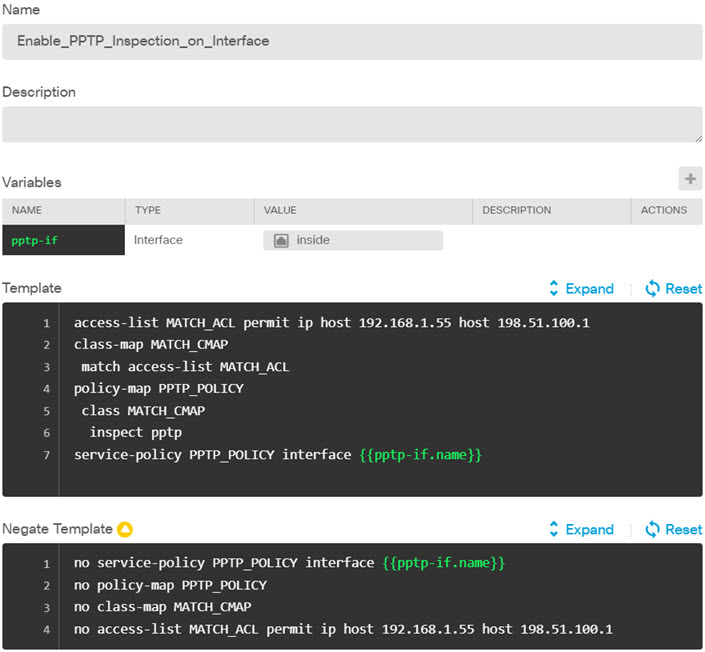 インターフェイスで PPTP インスペクションを有効にするための FlexConfig オブジェクト。