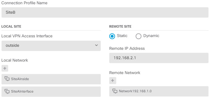 サイト A の S2S VPN 接続エンドポイントの設定。