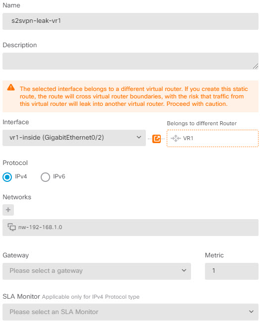 Route leak to allow access to the VR1 network for site-to-site VPN endpoints.