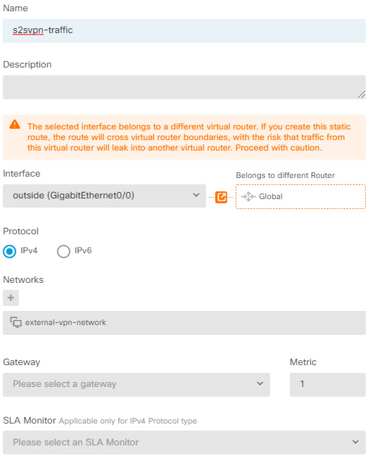 Route leak to allow access to remote endpoints from the VR1 network.