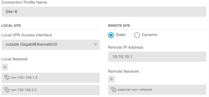 VR1 ネットワークをサイト間 VPN 接続プロファイルに追加します。