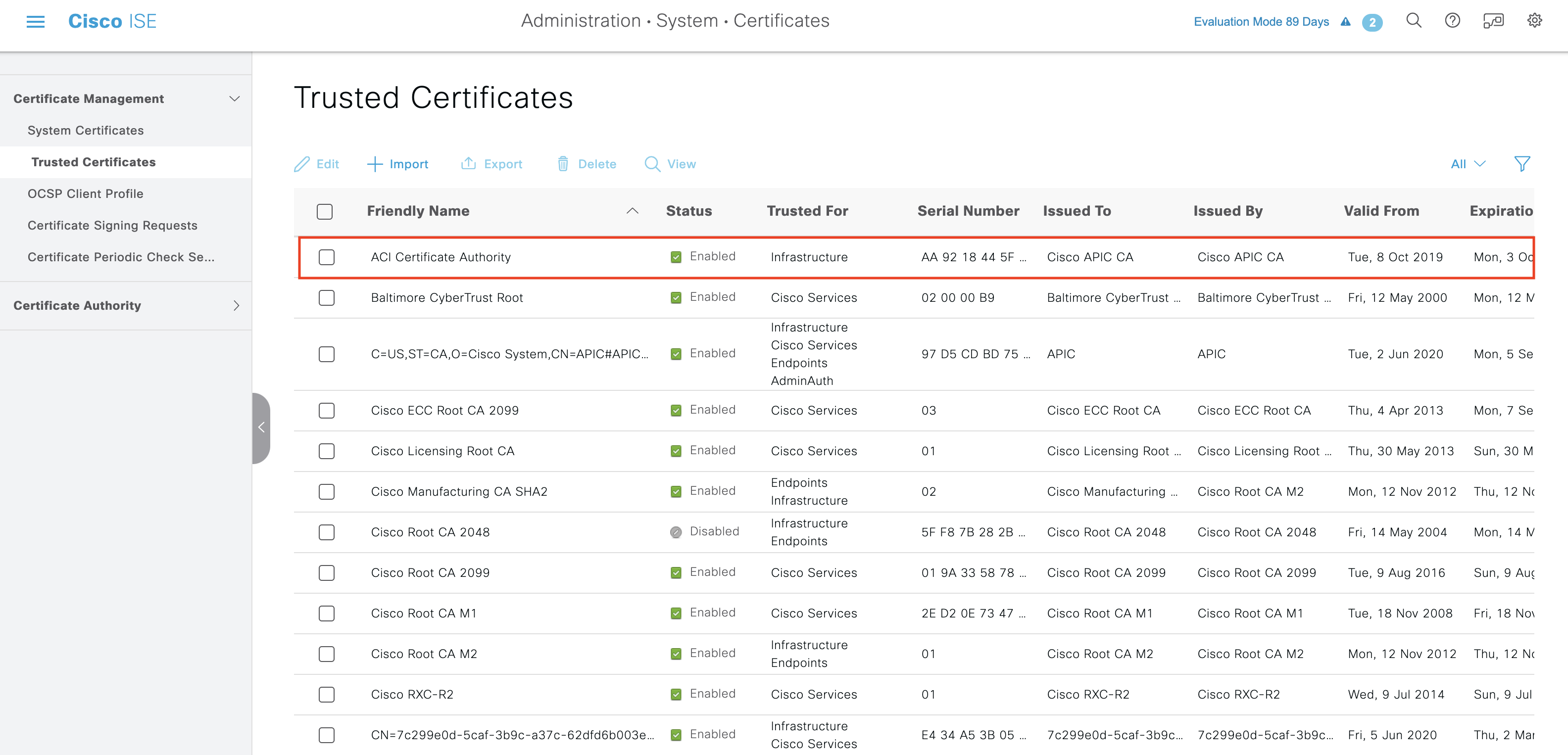 Verify the Certificate in Trusted Certificates window